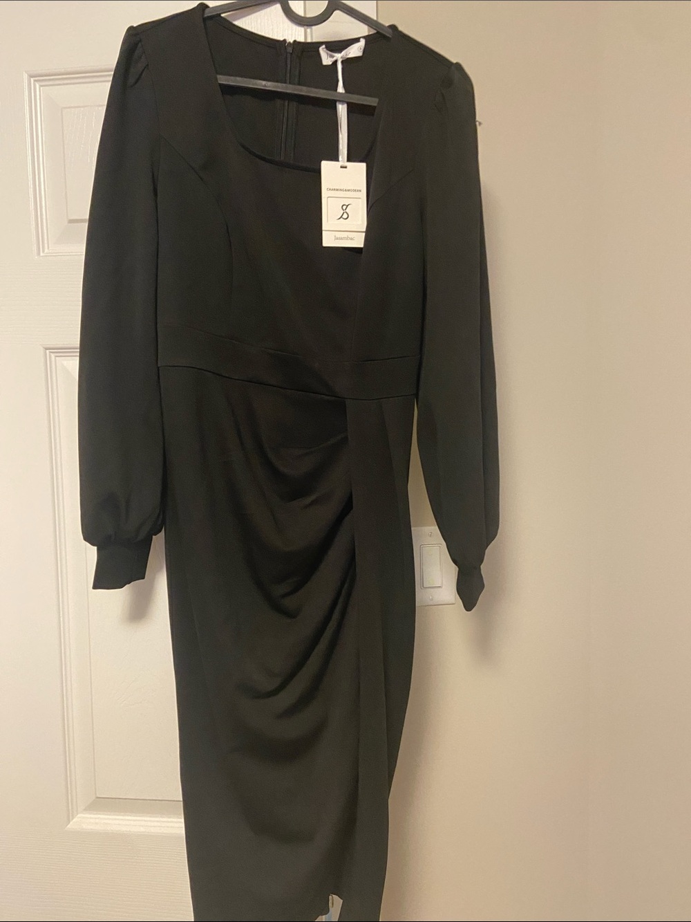 Jasmine Black Long-Sleeve Draped Midi Dress